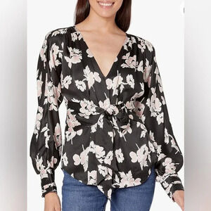 NWT Cinq à Sept Yesenia Floral Tie-Front Silk Blouse Black/ Blush Pink